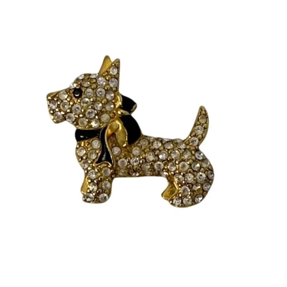 Scottie Terrier Dog Signed Monet Brooch Pink Gold Tone And Rhinestones